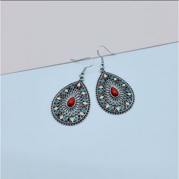 Red, blue, cream boho statement drop earrings - Picture 2 of 5